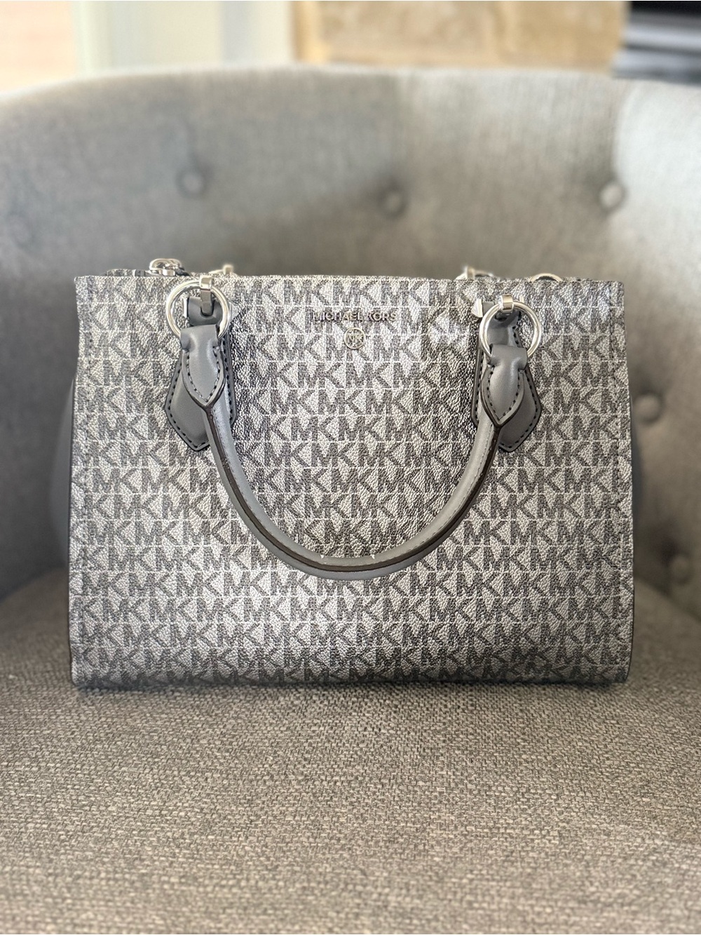 Michael Kors Gray Marilyn MK Logo Satchel with Silver Hardware